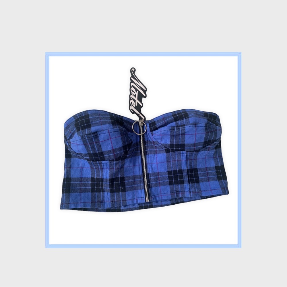 Blue plaid bustier crop tube top